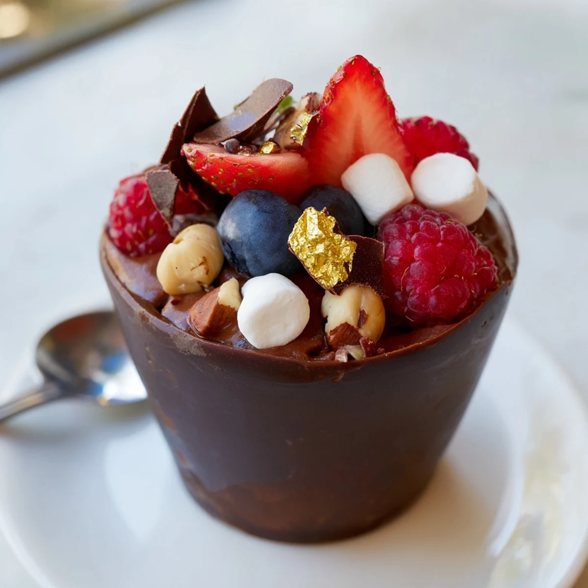 Decadent chocolate grazing cups filled with fluffy mousse and topped with fresh berries