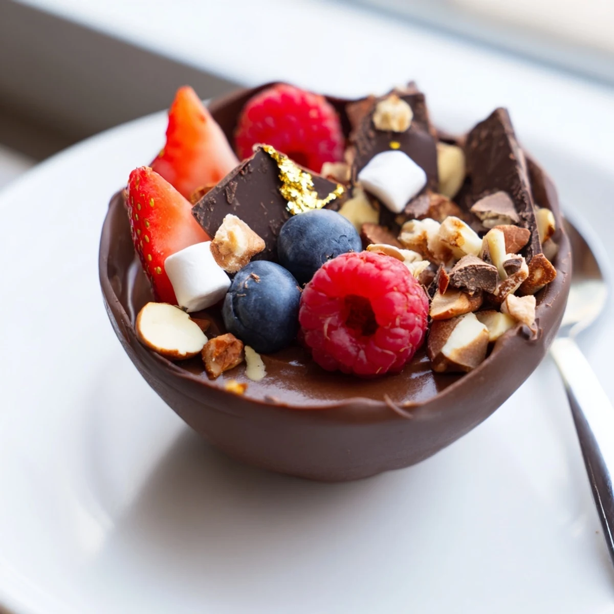 Rich chocolate grazing cups overflowing with mousse, berries, and crunchy nut toppings