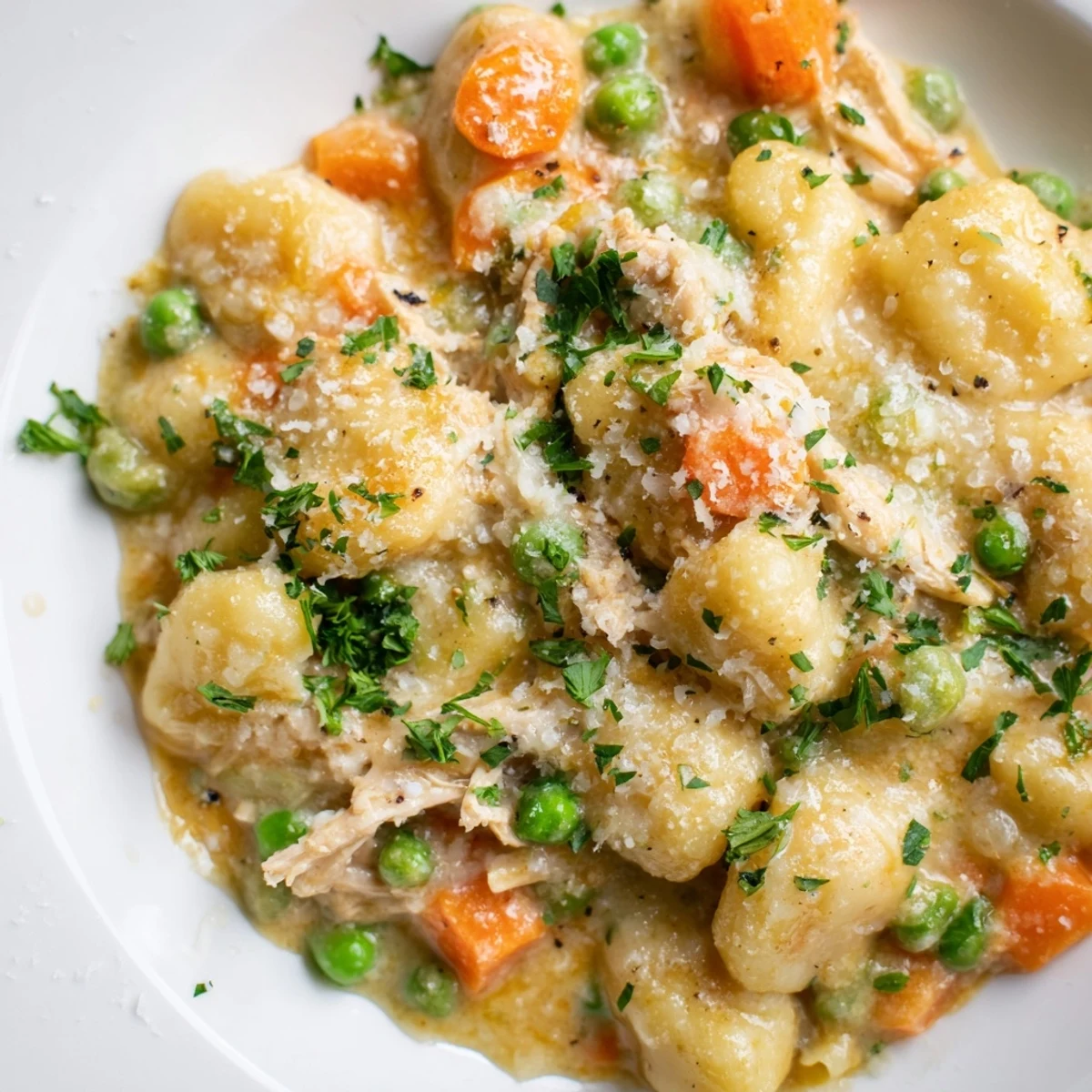 Creamy one pot gnocchi chicken pot pie in a golden skillet with tender vegetables