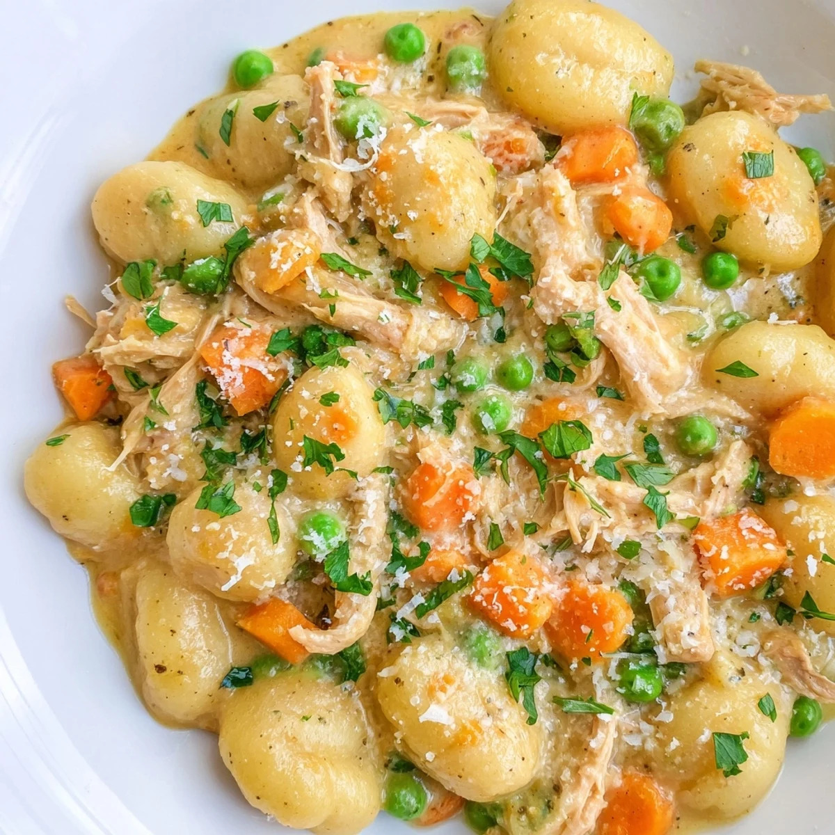 One pot gnocchi chicken pot pie with pillowy dumplings in savory sauce