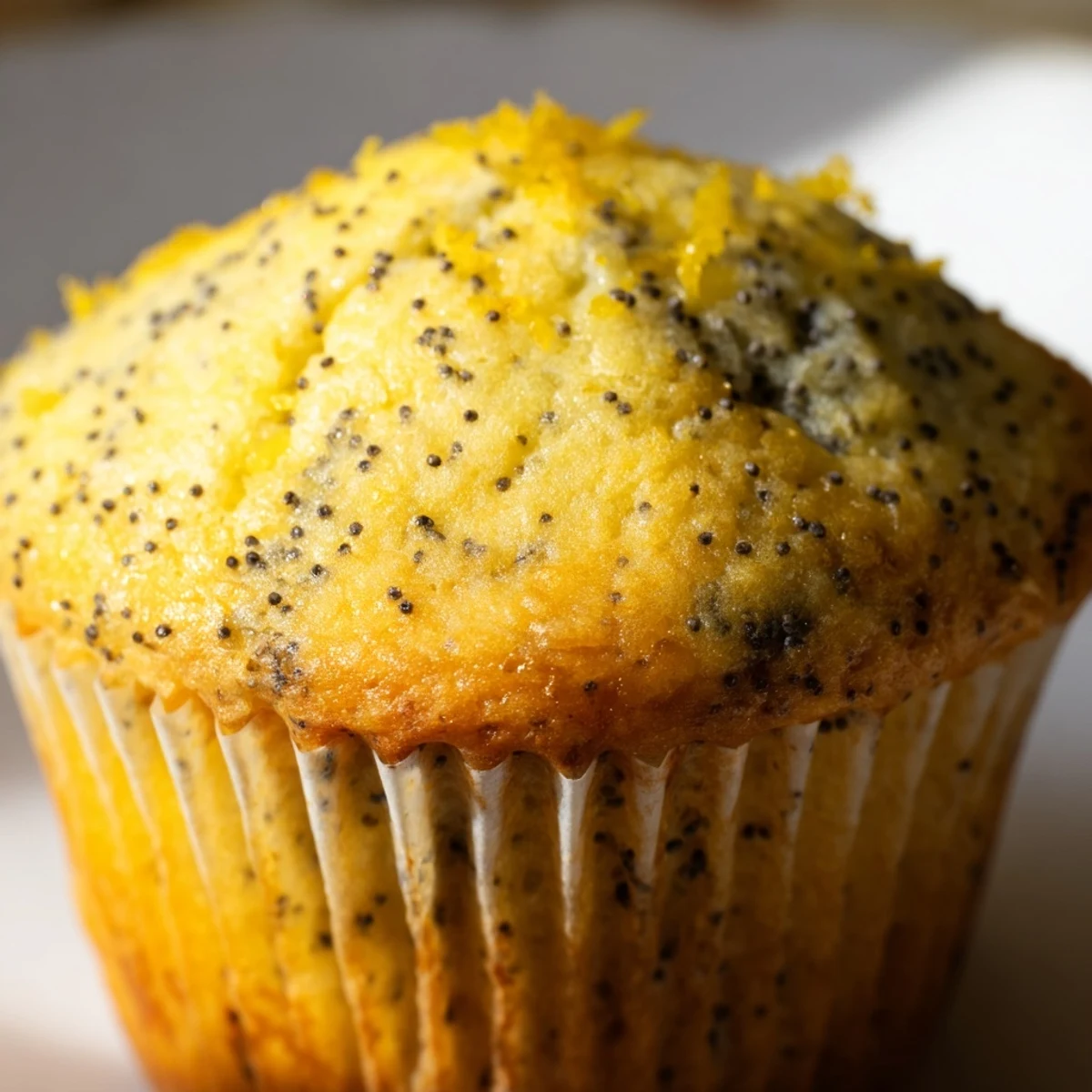 Golden lemon poppy seed muffins with domed tops displayed on a rustic cooling rack