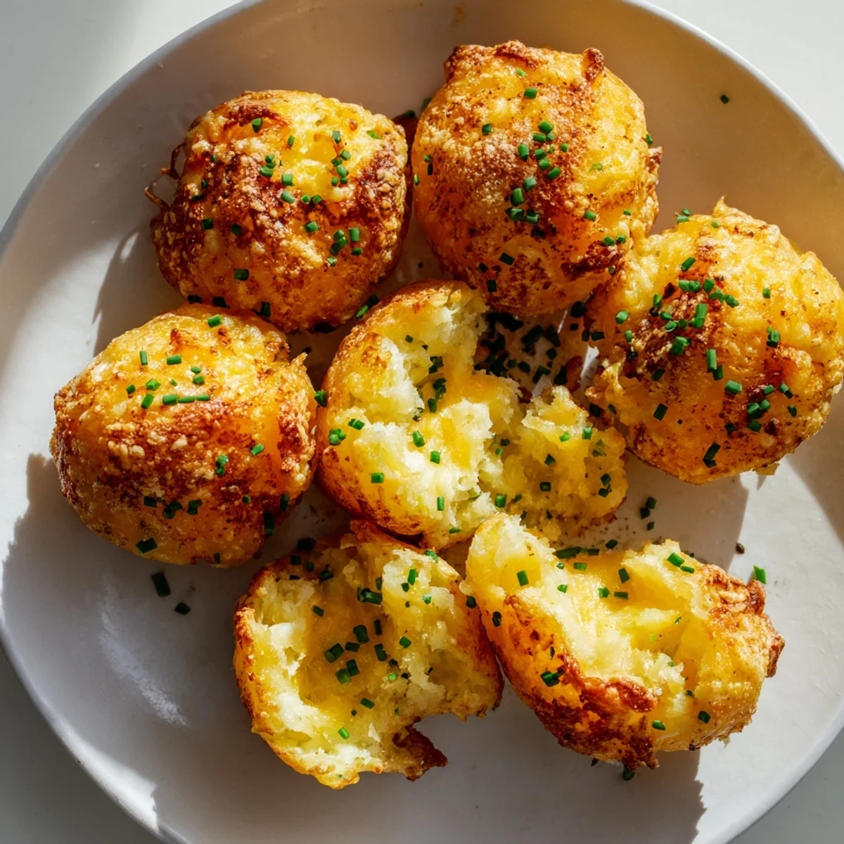 Golden Mashed Potato Cheese Puffs baked until crispy with melted cheddar throughout