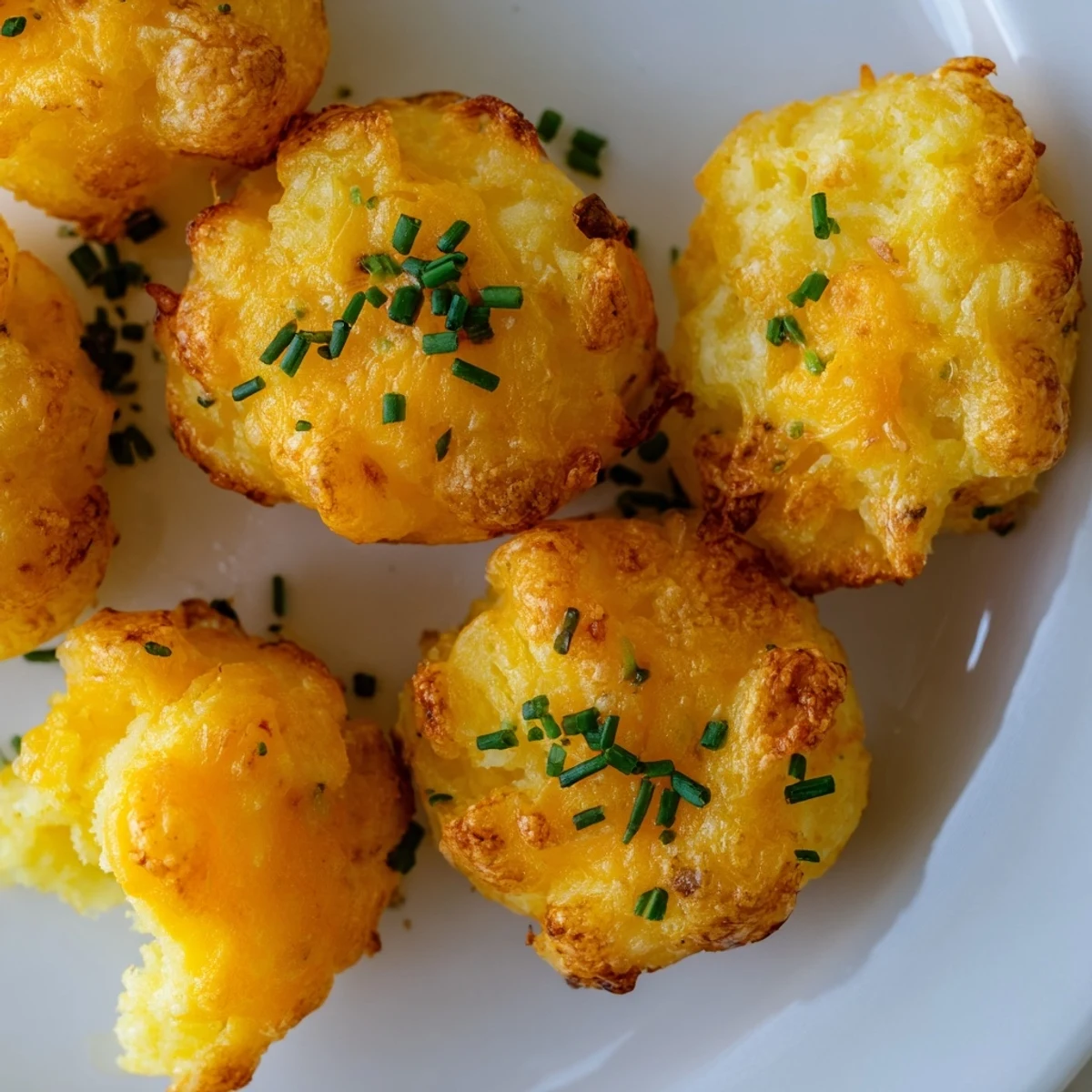 Crispy Mashed Potato Cheese Puffs topped with chives and served warm