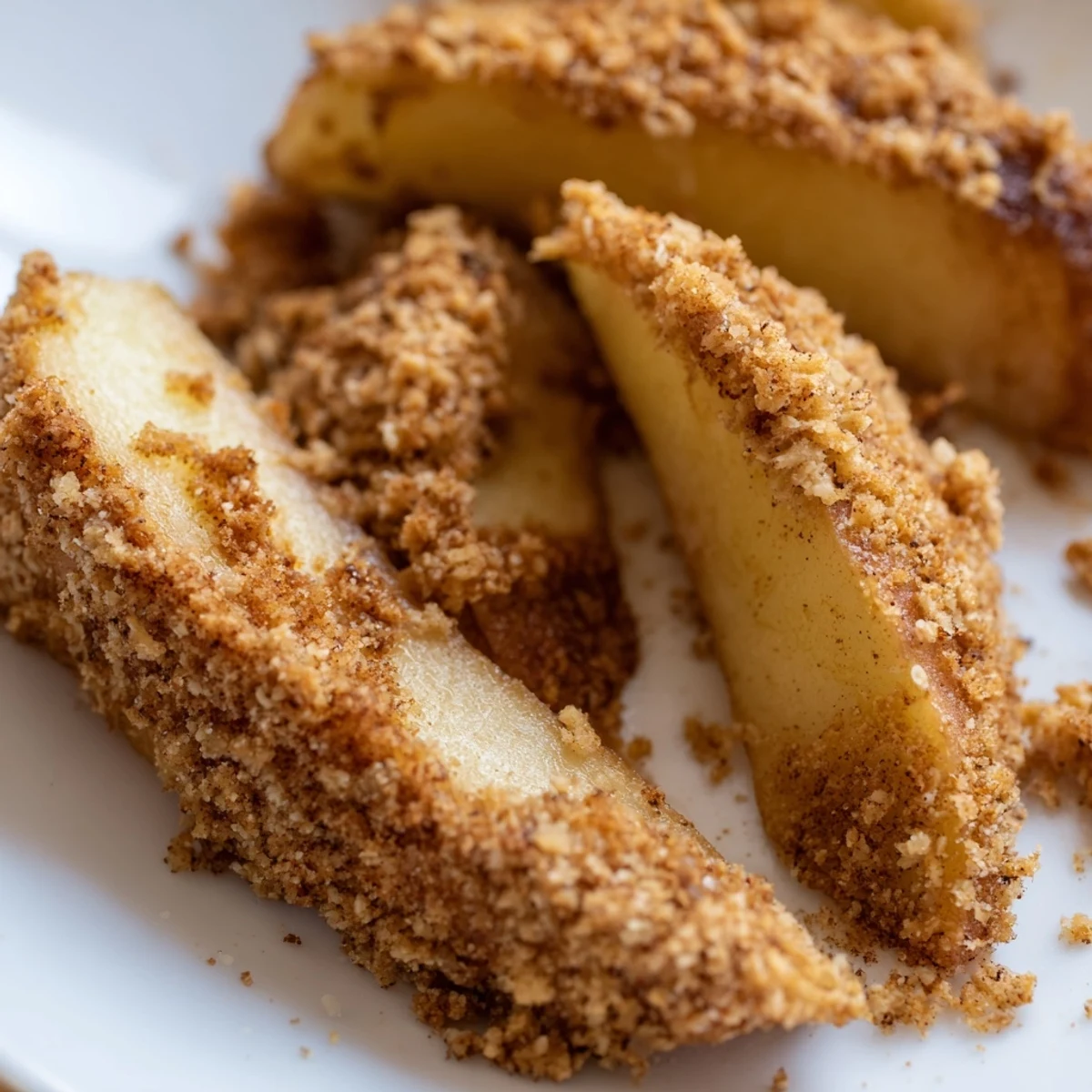 Golden crispy air fryer apple slices coated in warm cinnamon sugar, served fresh from the basket.