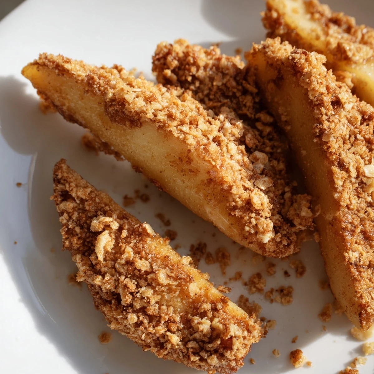 Tender air fryer apples with crunchy oat topping, drizzled with melted butter and sweet cinnamon.