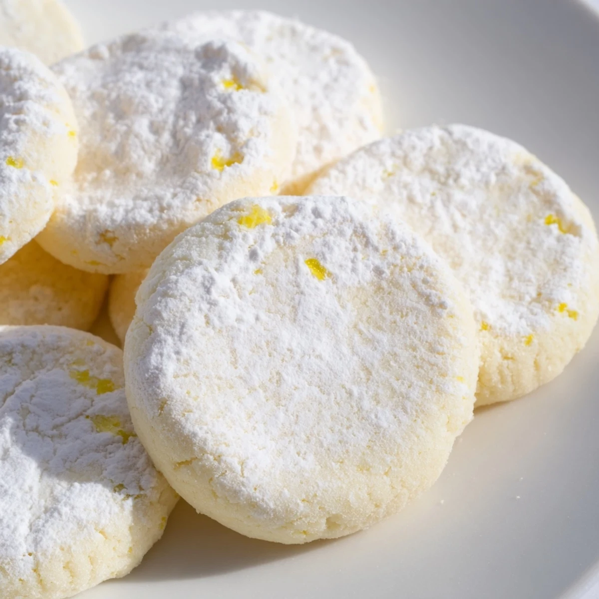 Lemon Meltaways cookies dusted with powdered sugar on a rustic white serving plate