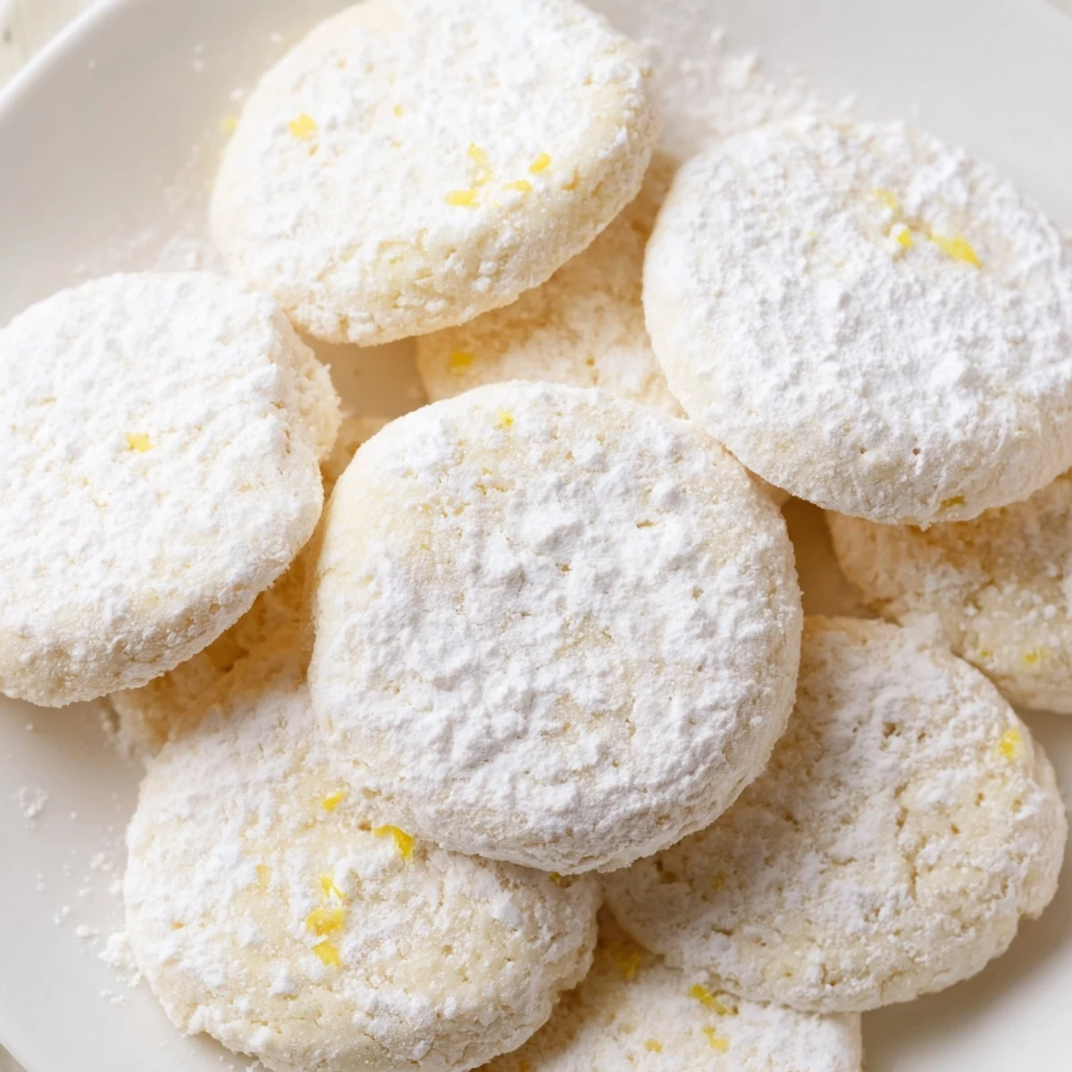 Buttery Lemon Meltaways with golden edges arranged beside a steaming cup of tea