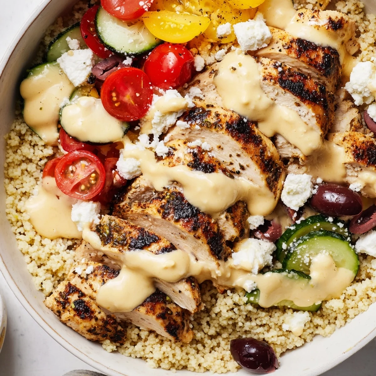 Golden Mediterranean chicken couscous bowl topped with fresh vegetables and creamy tahini sauce