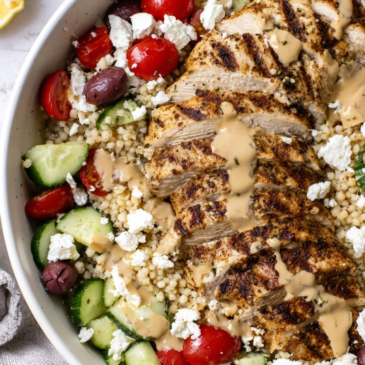 Fluffy couscous paired with seasoned Mediterranean chicken, crisp cucumbers, tomatoes, and olives