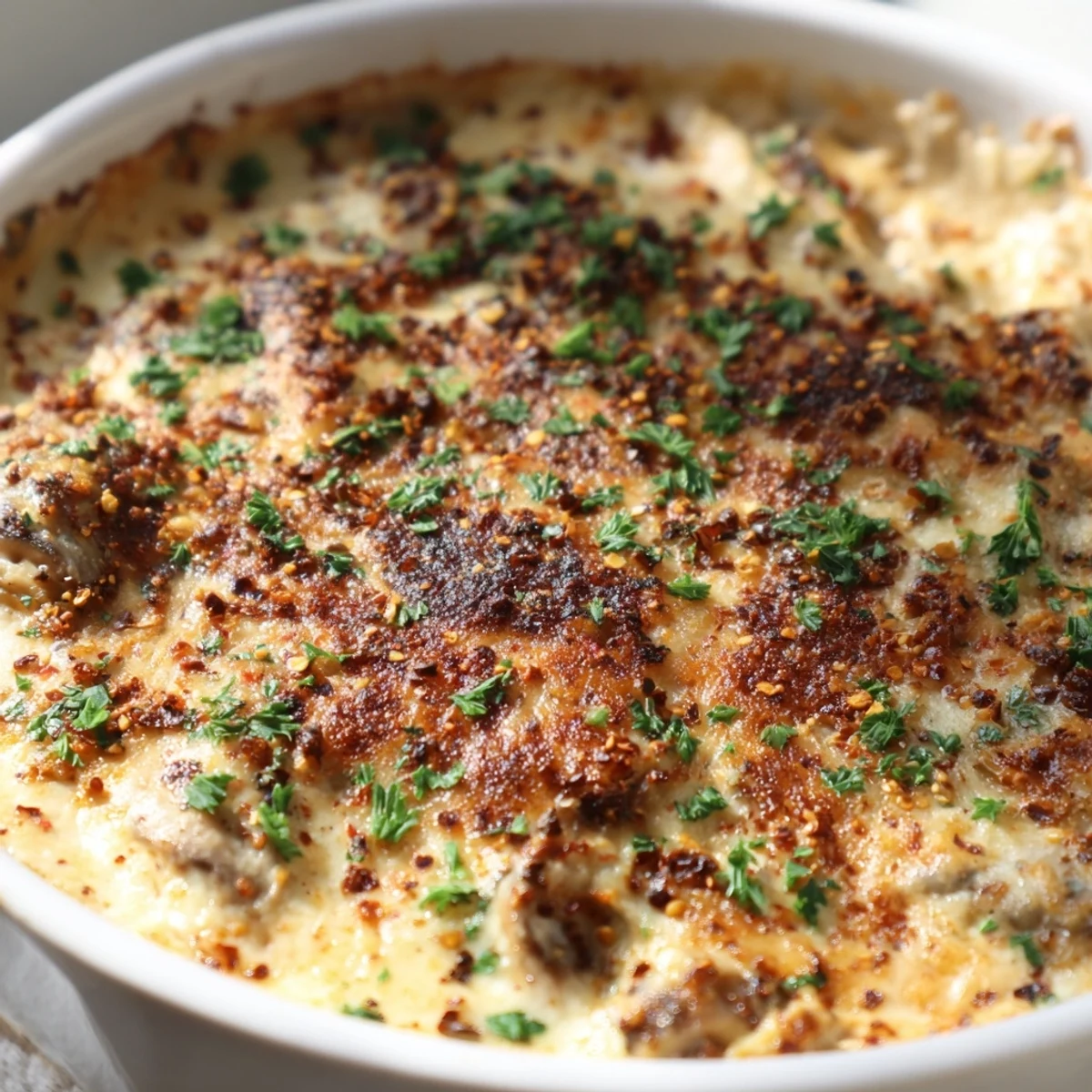 Creamy stuffed mushroom dip bubbling golden in a cast iron skillet ready for serving