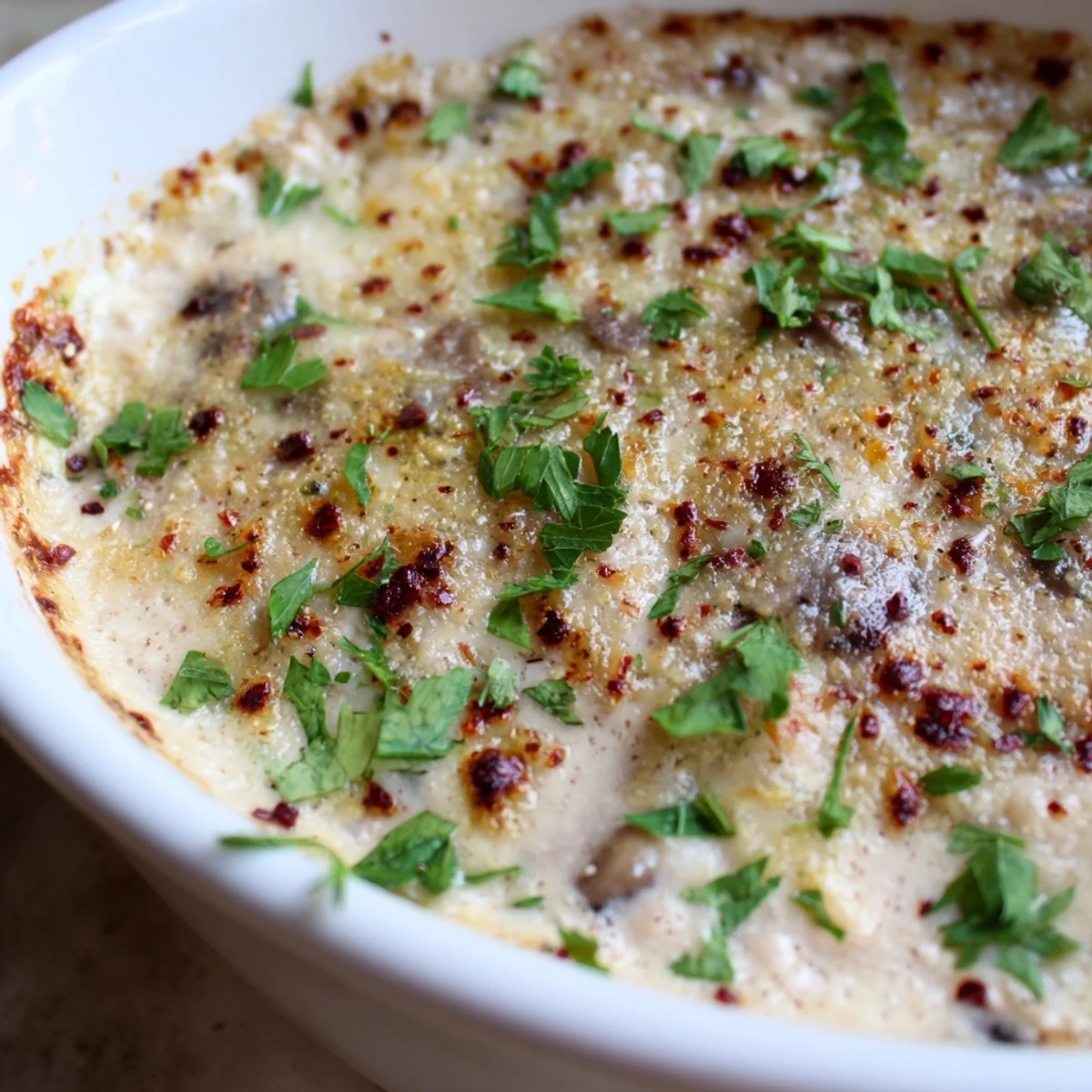 Warm stuffed mushroom dip with melted cheese topped with fresh parsley and crackers