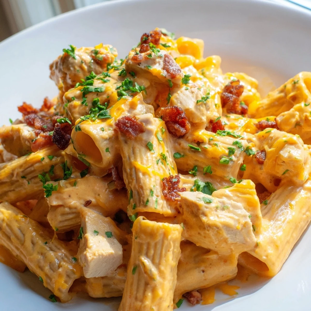 Creamy crack chicken pasta topped with crispy beef bacon and fresh green herbs