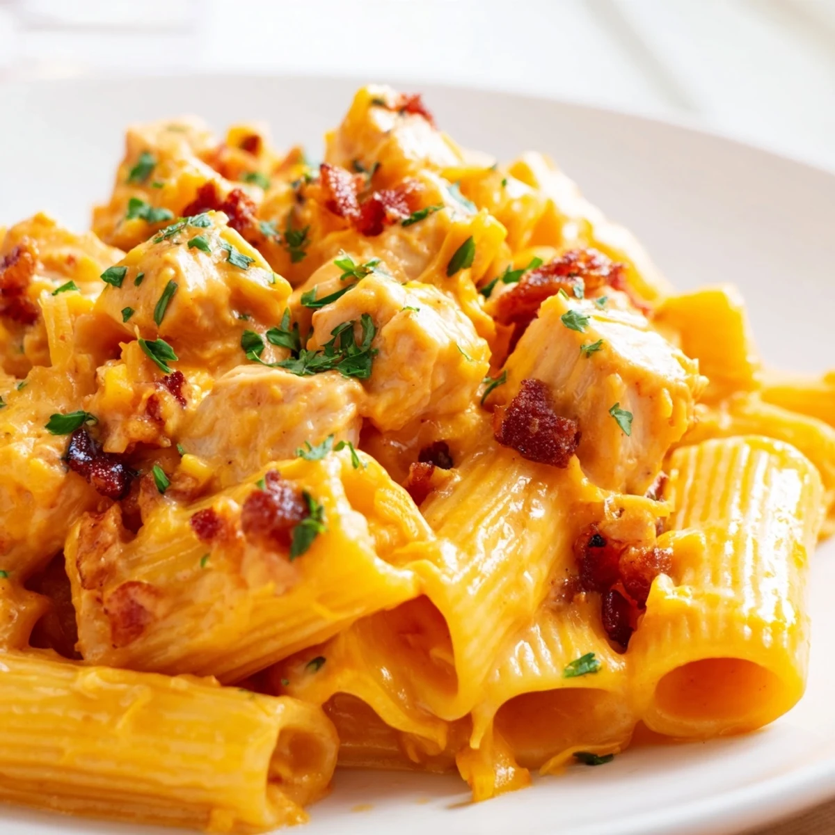 Golden tender chicken smothered in rich cheese sauce with crispy beef bacon garnish