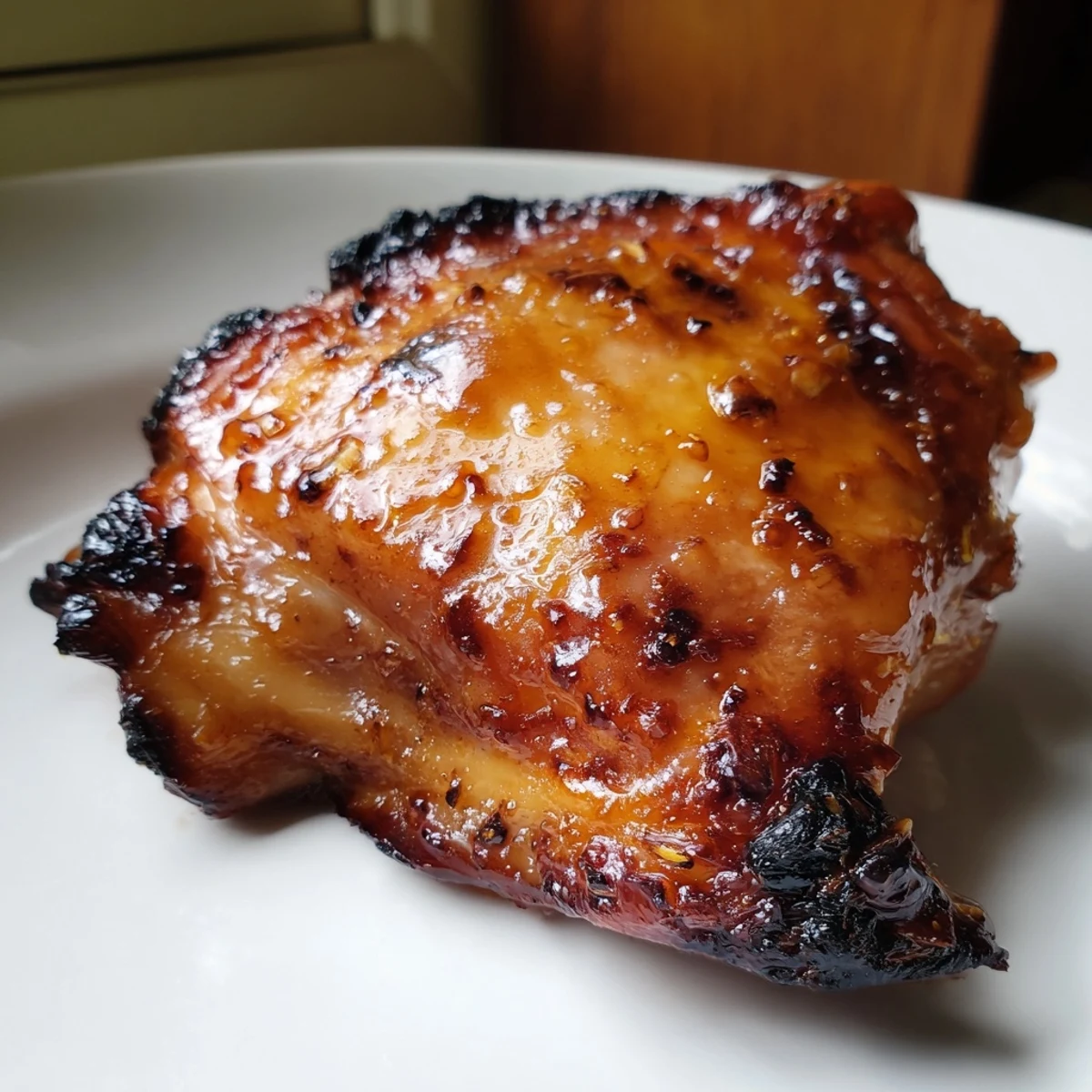 Glistening savory glazed chicken thighs with golden skin served over bright green herb rice