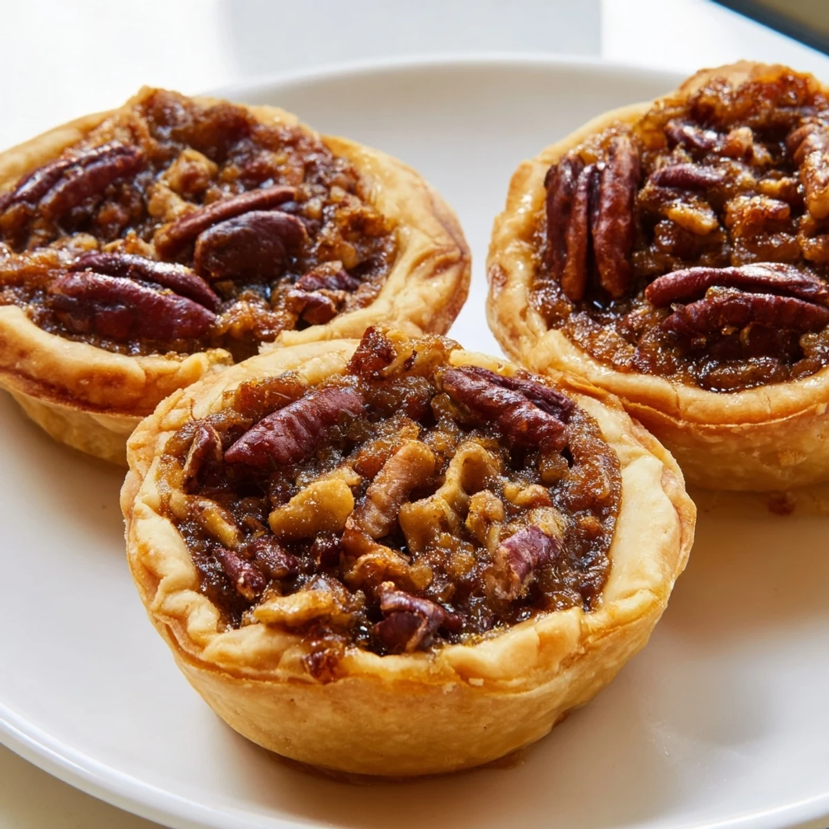 Golden mini pecan pies with caramelized filling nestled in flaky butter crusts on a rustic baking sheet