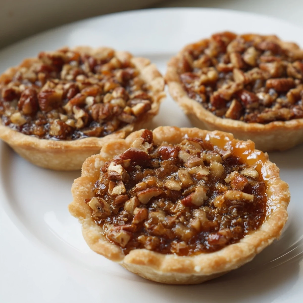Bite-sized mini pecan pies topped with toasted nuts arranged on a festive holiday dessert platter