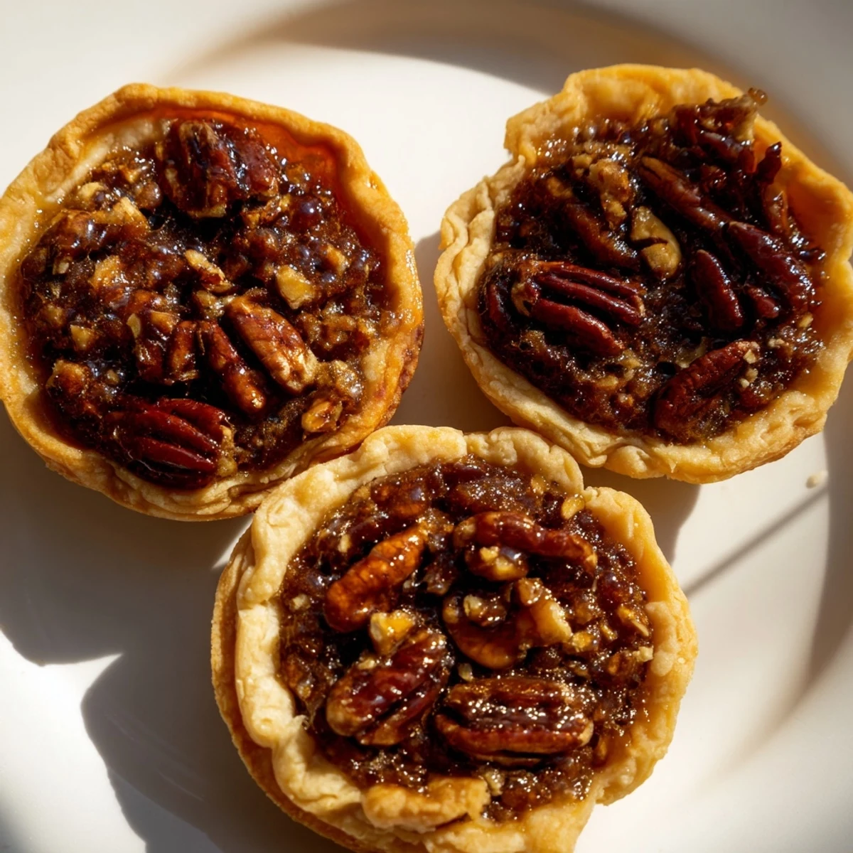 Warm mini pecan pies cooling on a wire rack with gooey brown sugar filling and crisp edges