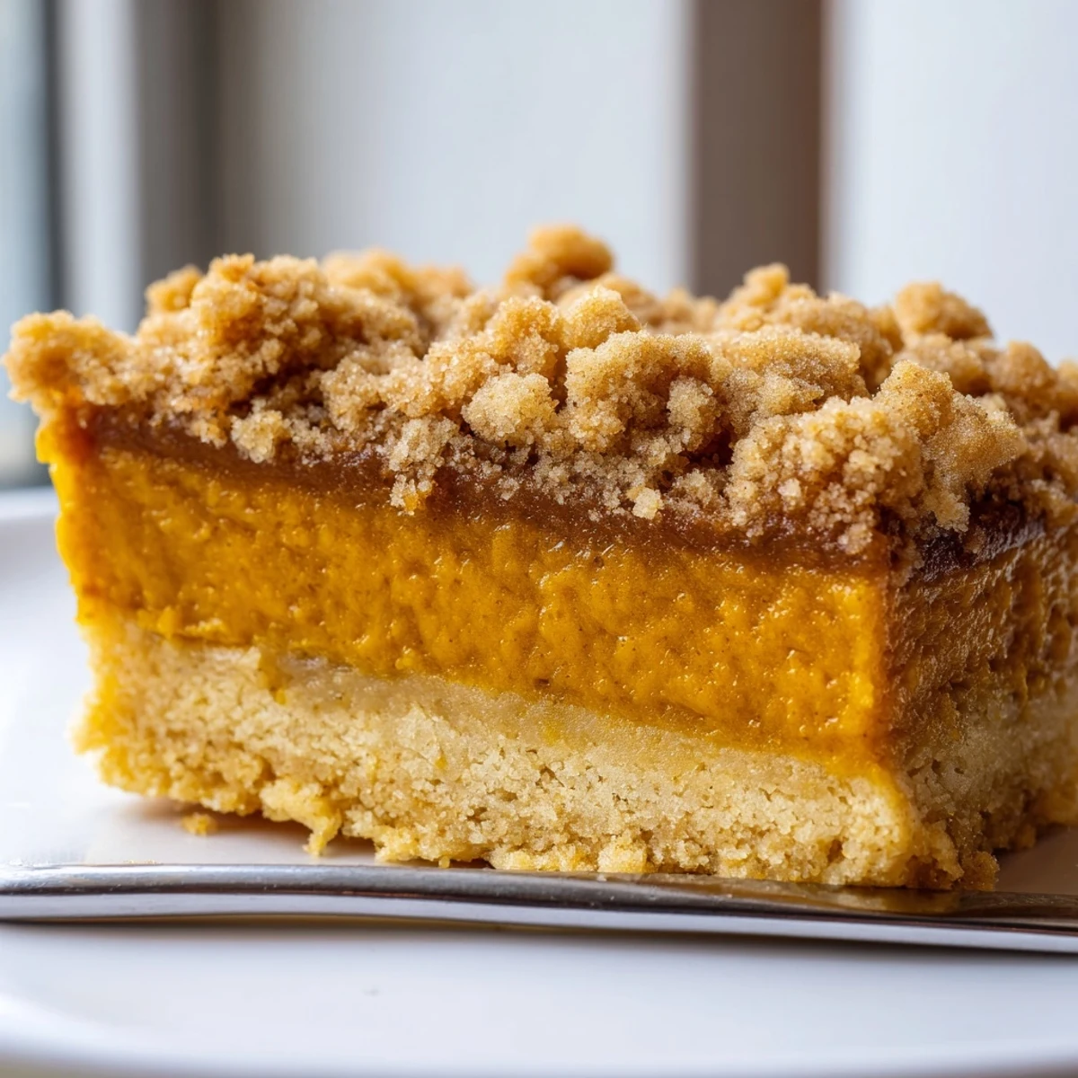 Golden brown sugar maple pumpkin butter bars with a warm spiced streusel topping on a rustic baking sheet