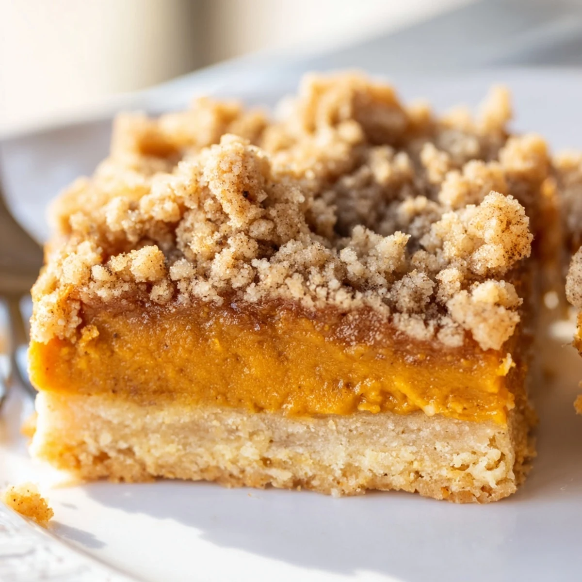 Creamy brown sugar maple pumpkin butter bars sliced into neat squares drizzled with extra maple syrup