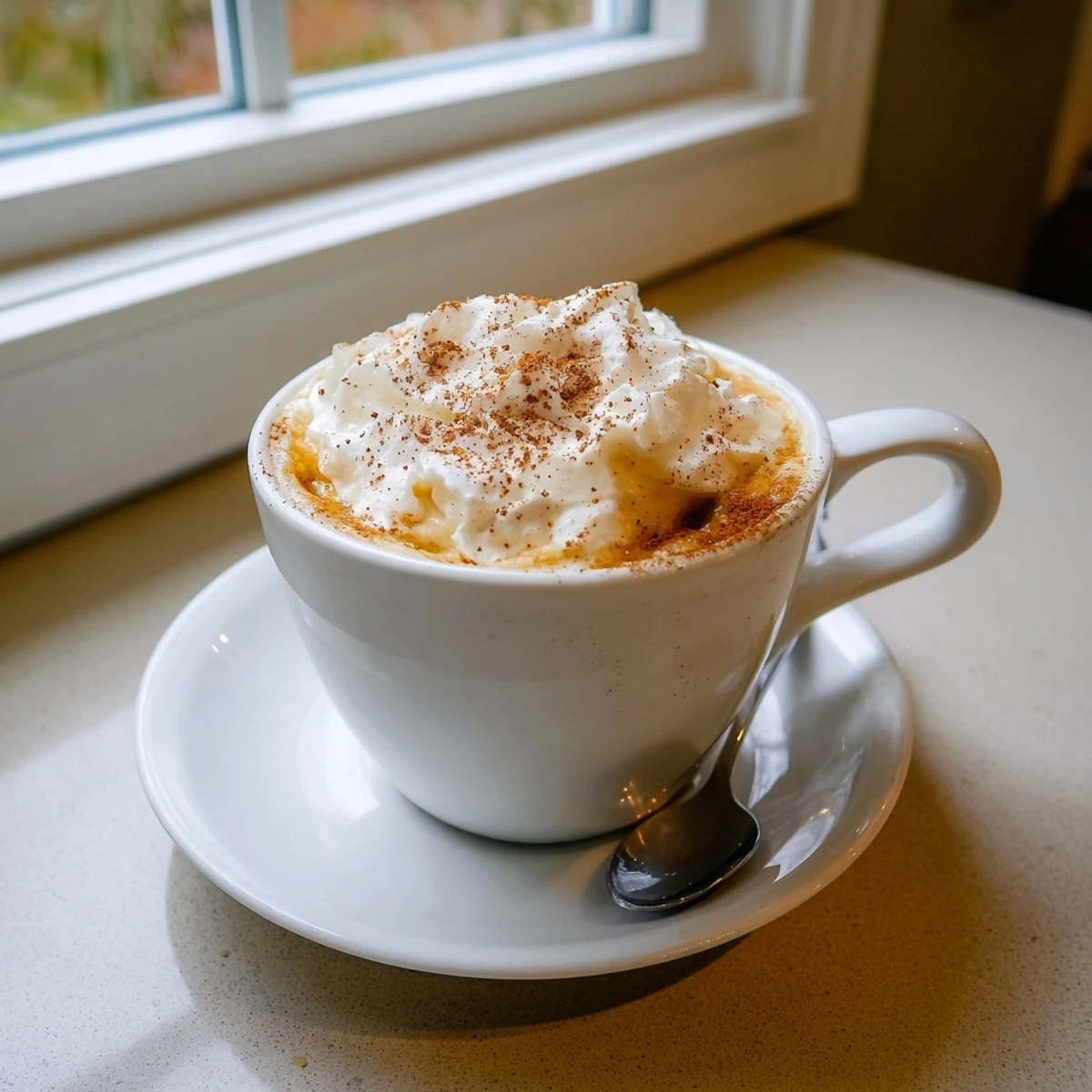 Homemade Pumpkin Spice Latte topped with fluffy whipped cream and cinnamon dust in a cozy mug