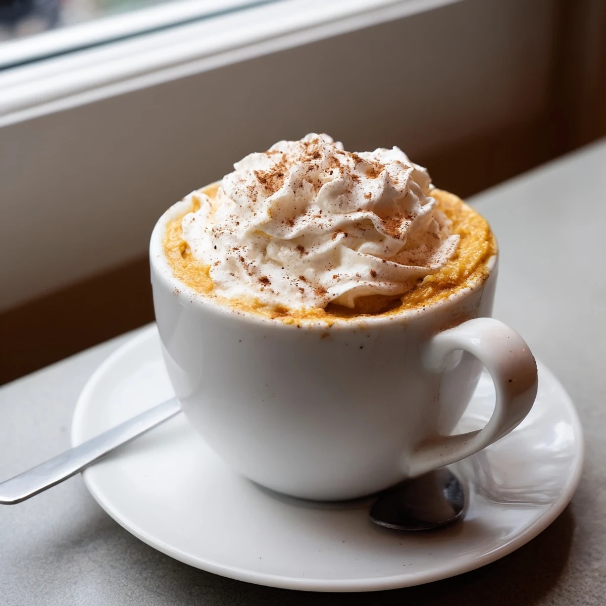 Creamy Homemade Pumpkin Spice Latte served in a ceramic mug beside real pumpkin and spices