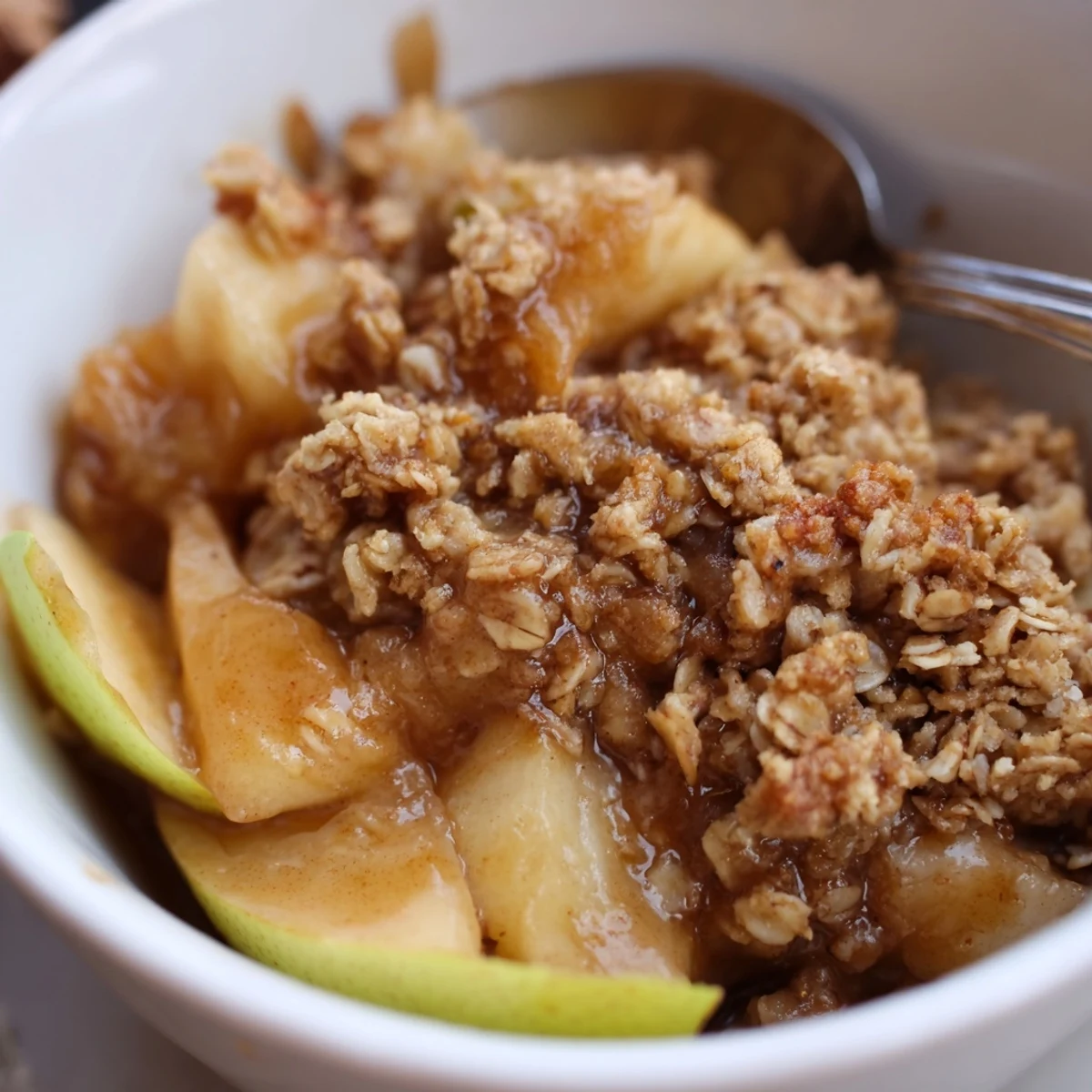 Crockpot apple crisp served in a white bowl showcasing bubbling apples and buttery crumb topping