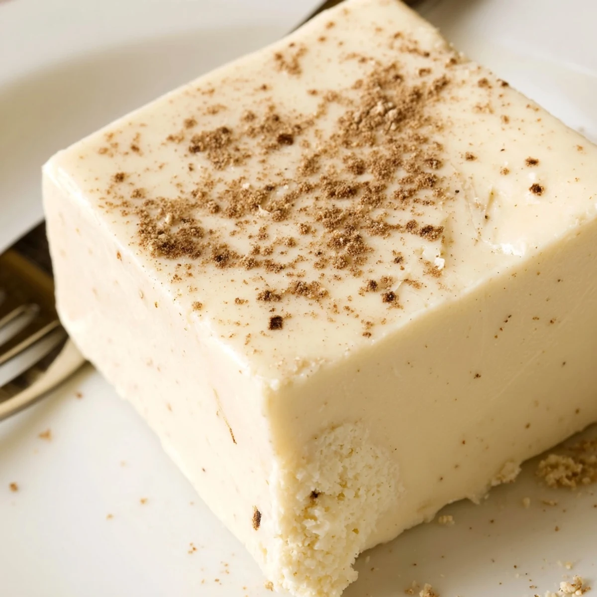 Creamy Eggnog Fudge cut into squares, dusted with freshly grated nutmeg