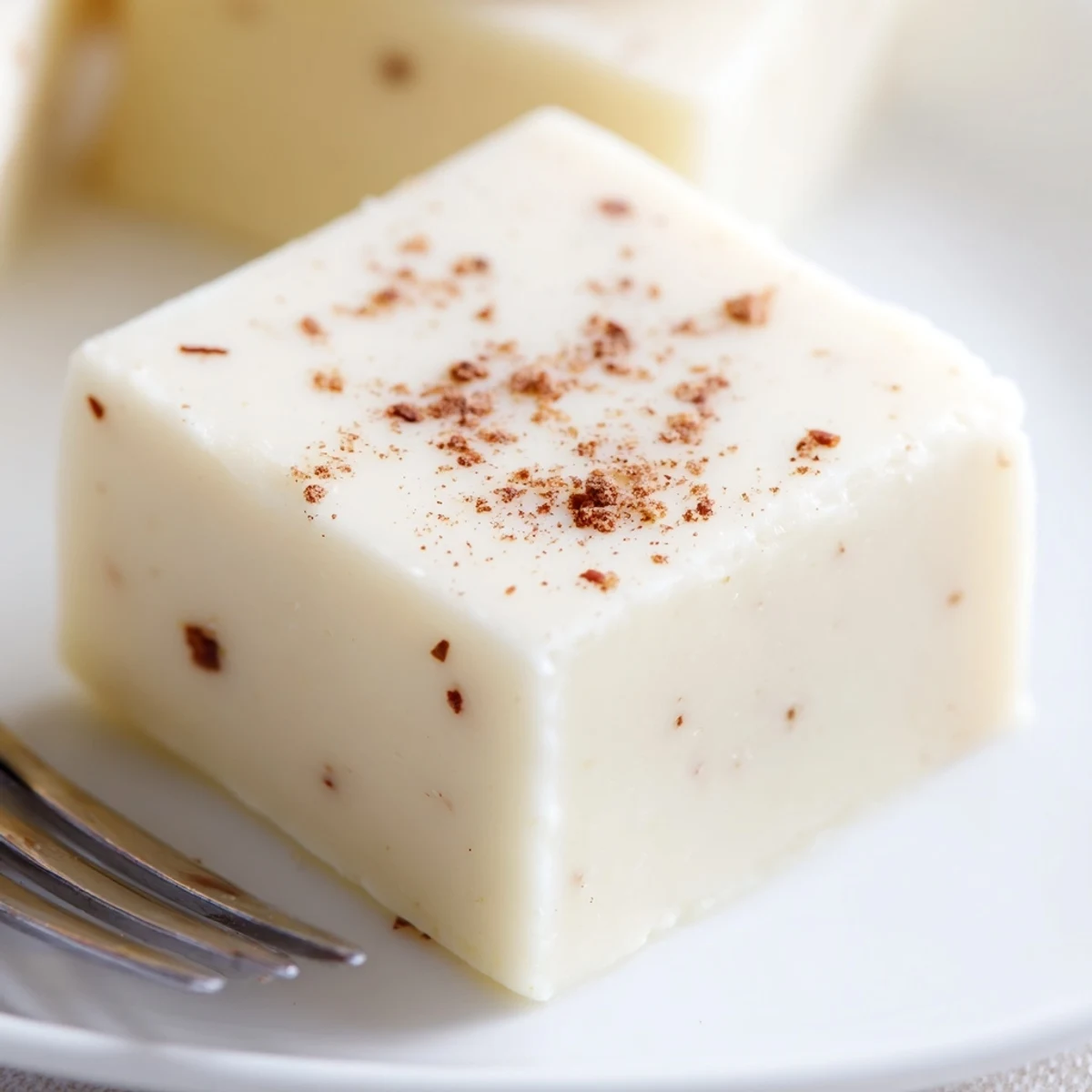 Slices of Eggnog Fudge cooling on parchment, rich vanilla and spice aroma