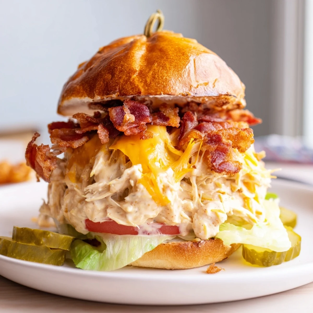 Warm Crack Chicken Sandwiches piled with melty cheddar, crispy bacon, and pickles