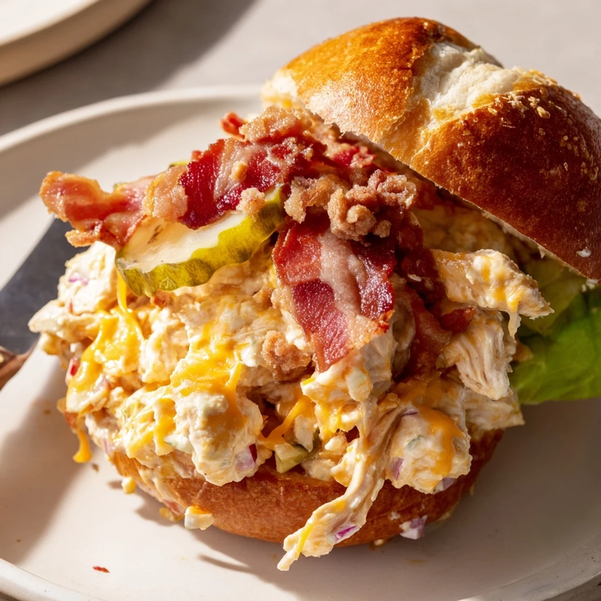 Party-ready Crack Chicken Sandwiches stacked on platter, smoky bacon and fresh lettuce