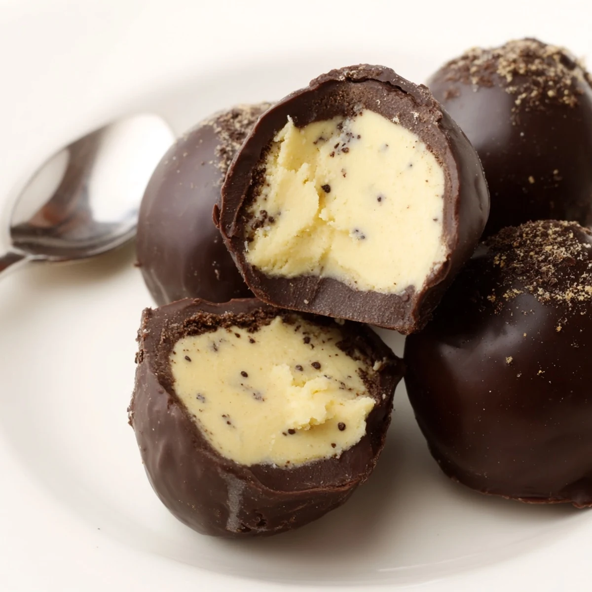 Dark Chocolate Eggnog Truffles glistening with glossy shells, dusted nutmeg, holiday platter