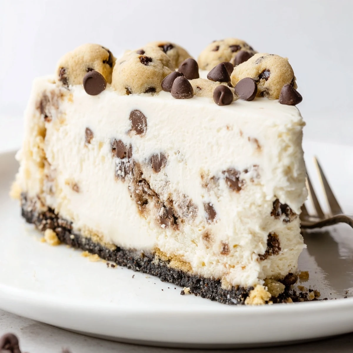 Chocolate Chip Cookie Dough Cheesecake sliced on plate, creamy filling, cookie dough pockets