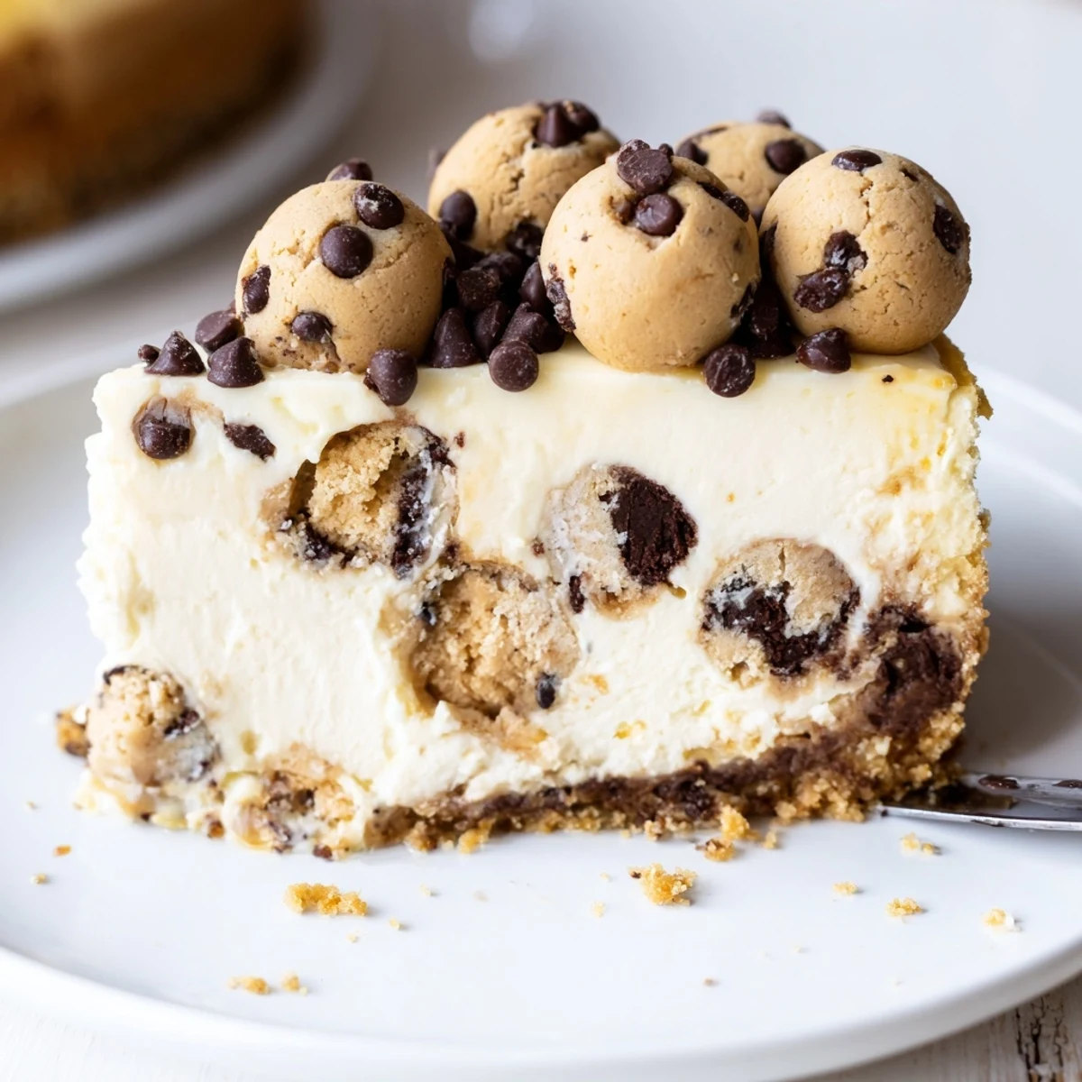 A chilled Chocolate Chip Cookie Dough Cheesecake with crisp chocolate crust and crumbs