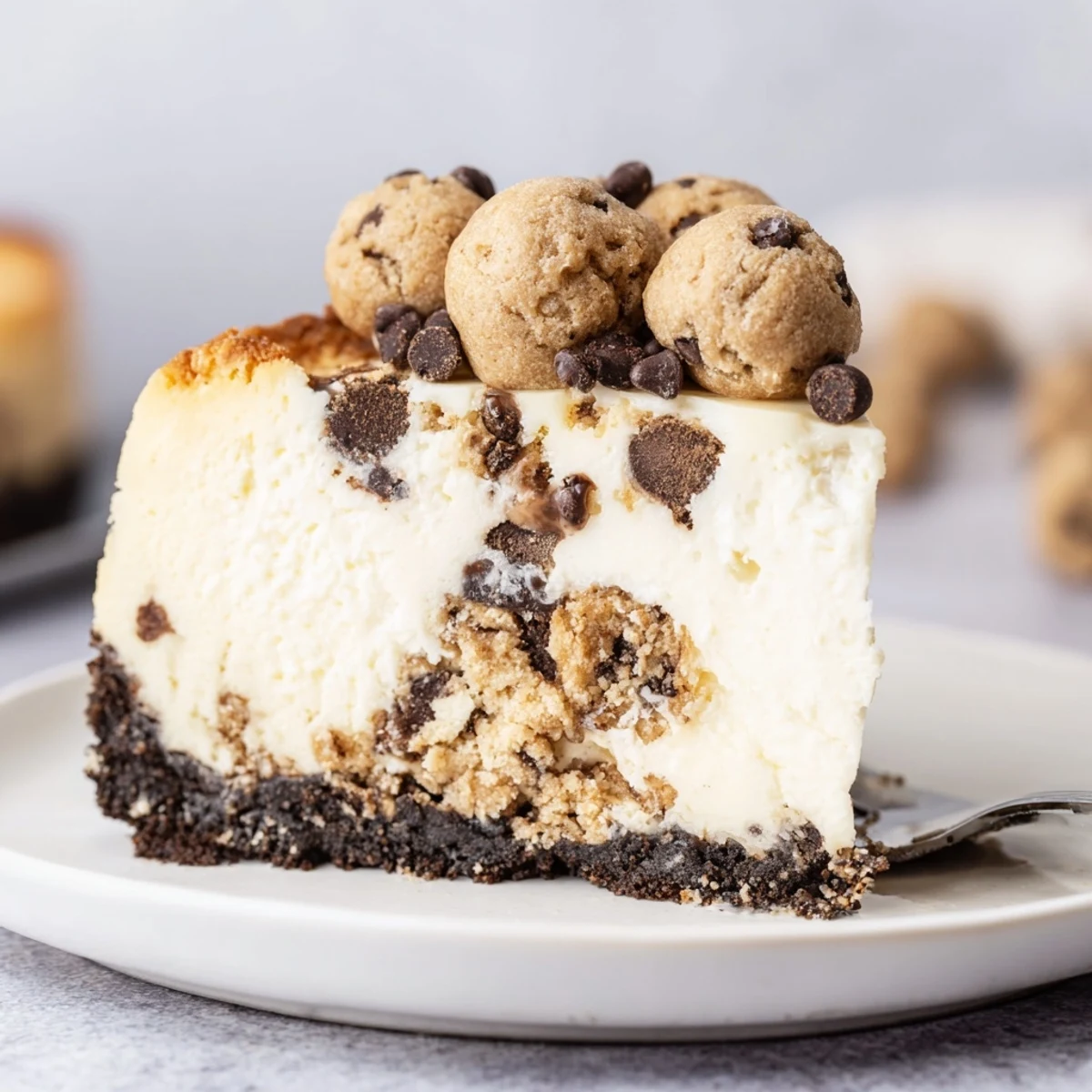 Fork-ready Chocolate Chip Cookie Dough Cheesecake topped with mini chips, chewy dough bites