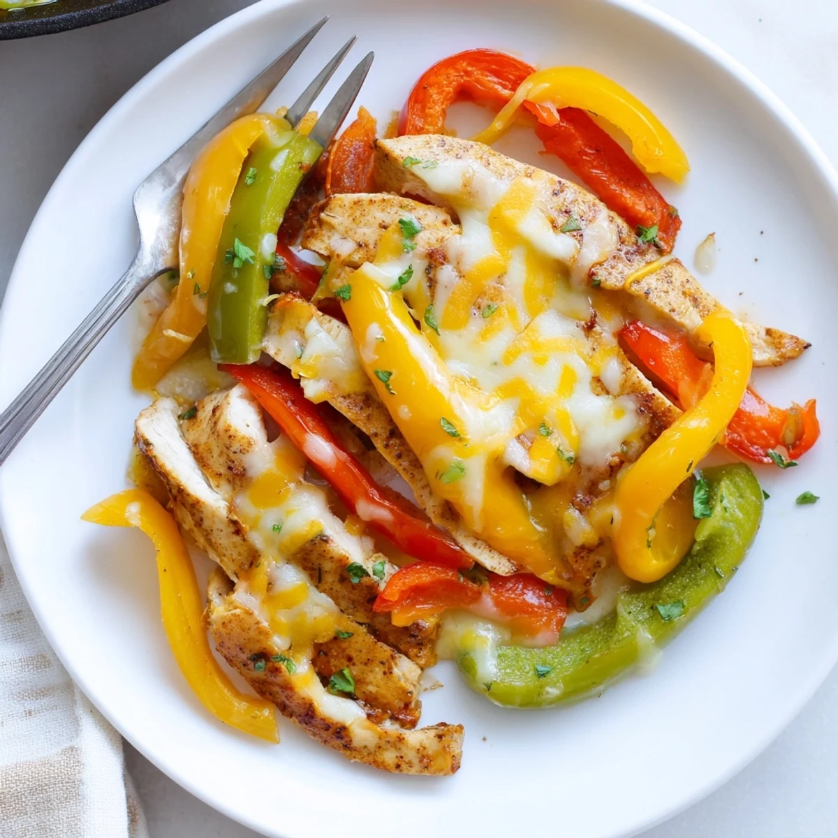 Cheesy Baja Chicken Bell Pepper Skillet sizzling with melted cheese and cilantro