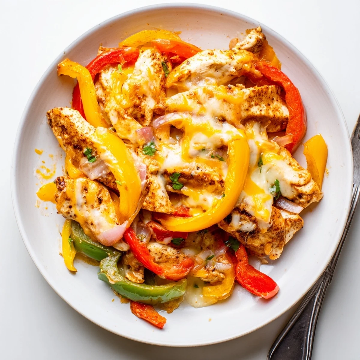 Bright Cheesy Baja Chicken Bell Pepper Skillet piled with colorful peppers, lime