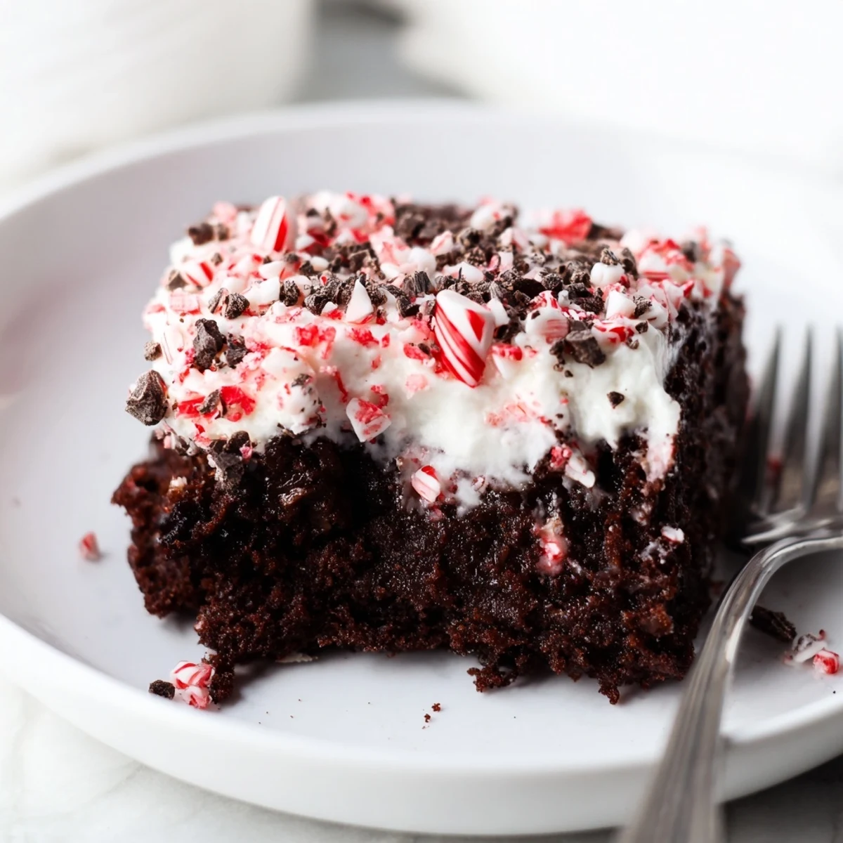 Peppermint Poke Cake with glossy whipped topping and crunchy crushed candy canes