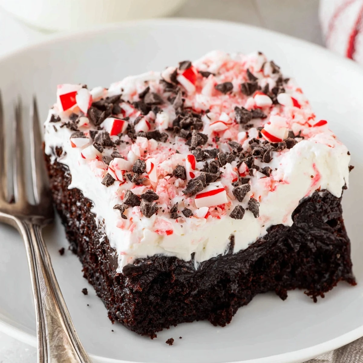 Chilled Peppermint Poke Cake showing chocolate sponge soaked with minty pudding