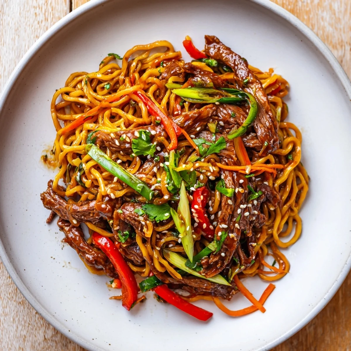 Wok-tossed Sticky Beef Noodles piled high, honeyed sauce and toasted sesame