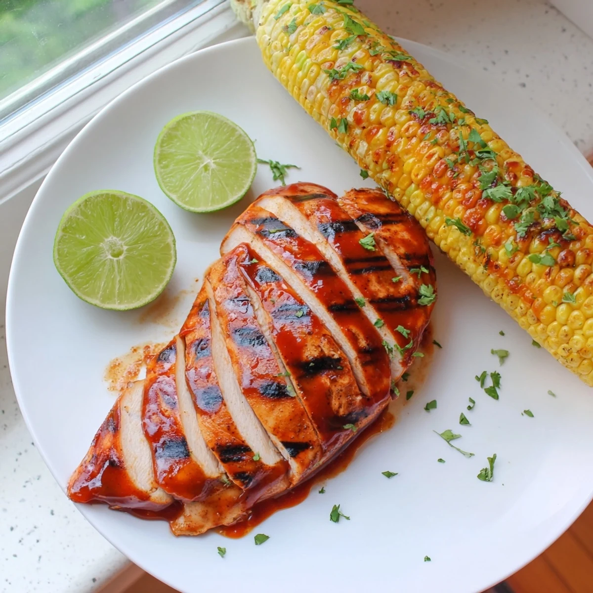 Smoky, juicy BBQ Chicken With Corn on the grill, buttered and charred.  
