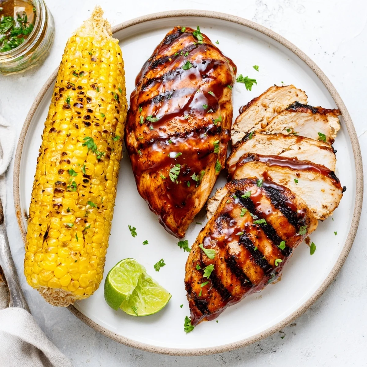 Tender, glazed BBQ Chicken With Corn resting to retain juices, served hot.
