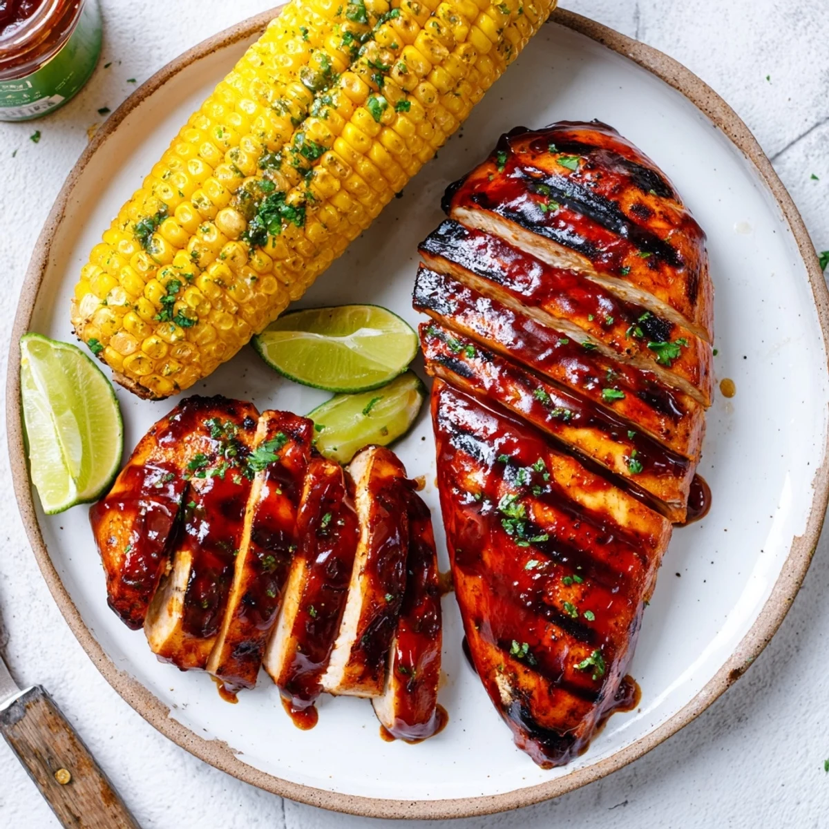 Plated BBQ Chicken With Corn beside lime wedges, parsley, sizzling summer flavors.  