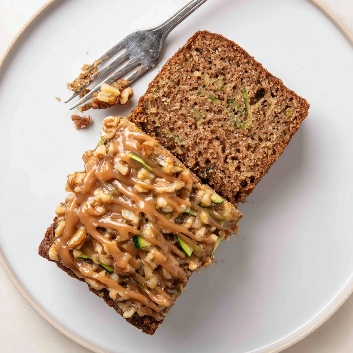 Warm Zucchini Cake With Brown Sugar Icing served with coffee, walnuts optional.