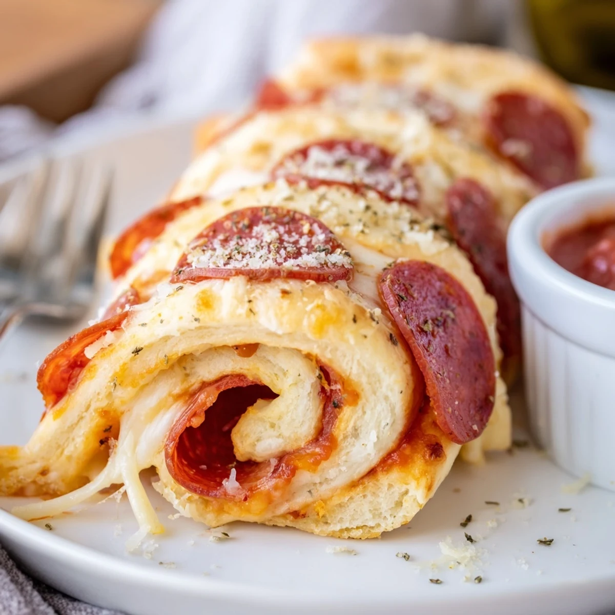 Pepperoni Pizza Roll Breadsticks Recipe with golden swirls, gooey cheese, warm buttered edges