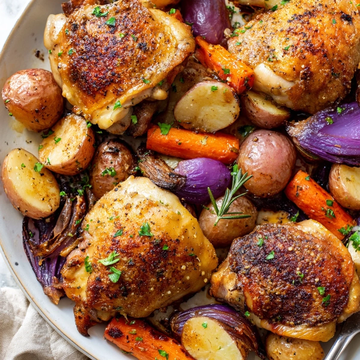 Golden, juicy Sheet Pan Chicken And Potatoes resting on baking sheet, herbs visible