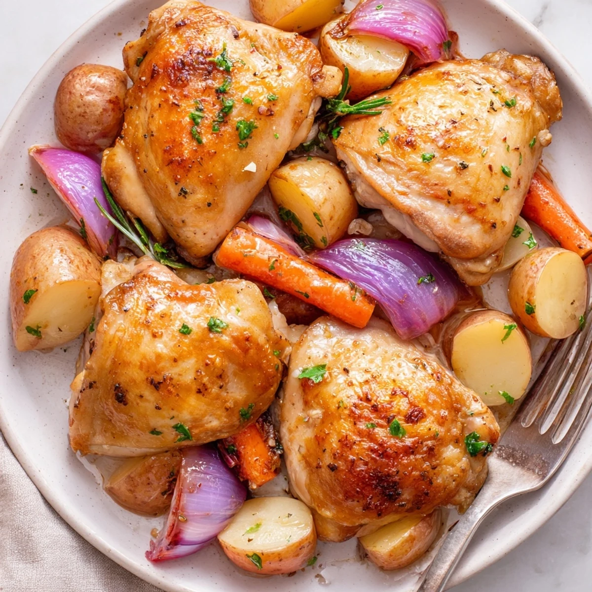 Family-style Sheet Pan Chicken And Potatoes served with chopped parsley, warm oven steam