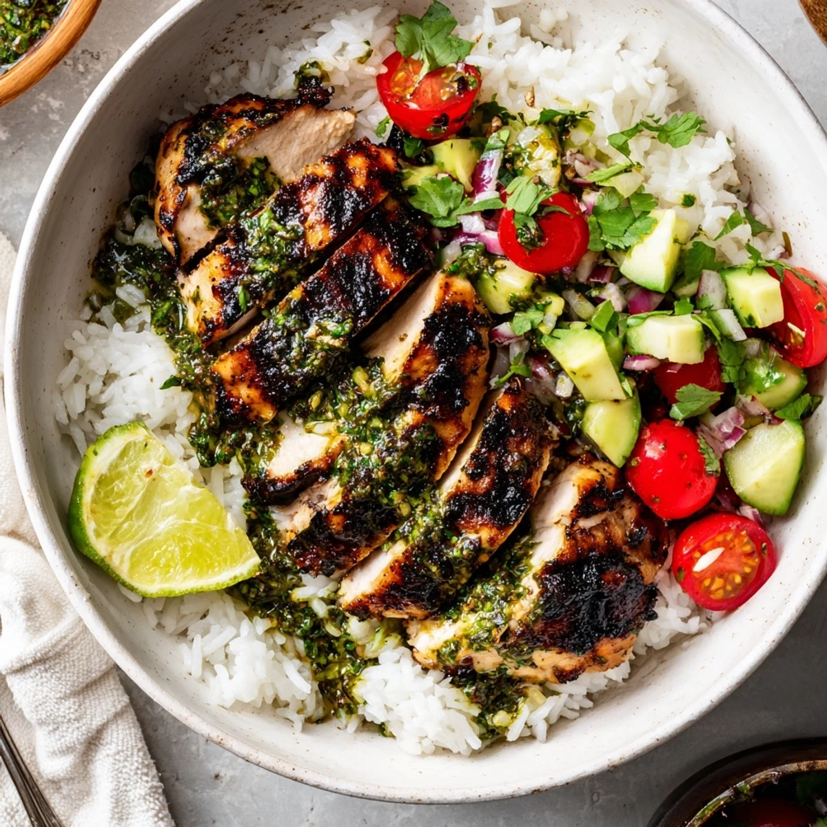 Chimichurri Grilled Chicken Bowl With Garlic Sauce over rice, avocado, charred chicken.