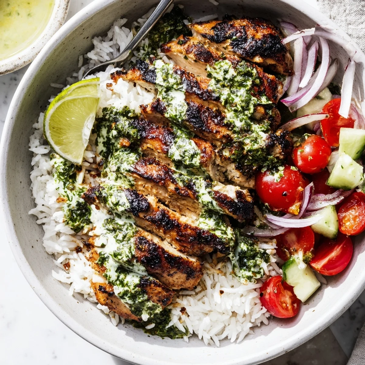 Sliced chicken from Chimichurri Grilled Chicken Bowl With Garlic Sauce atop rice.