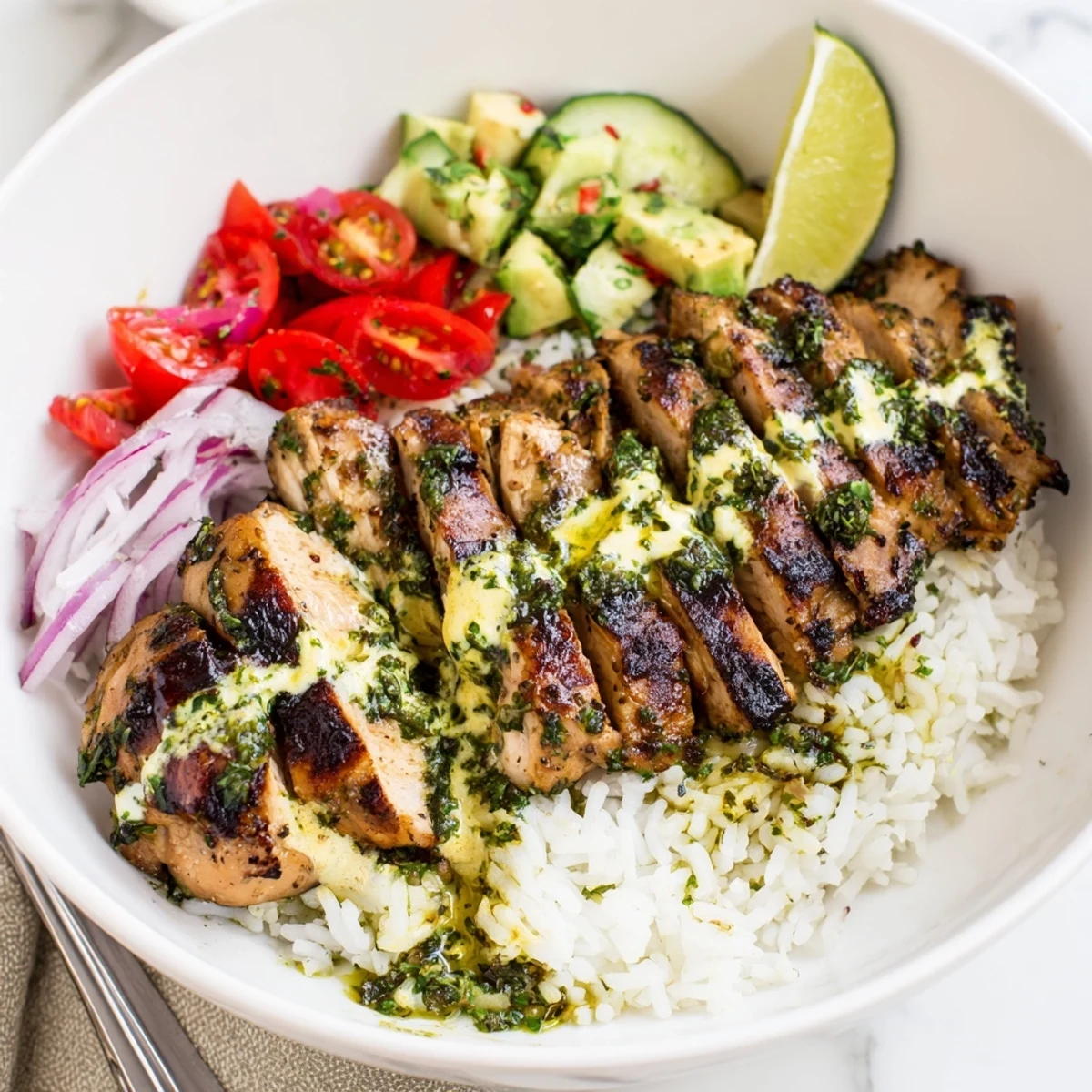 Bright Chimichurri Grilled Chicken Bowl With Garlic Sauce, zesty herbs, creamy drizzle.