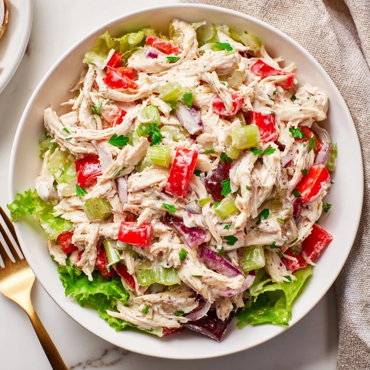 High Protein Pepperoncini Chicken Salad with crisp celery, tangy brine, chilled